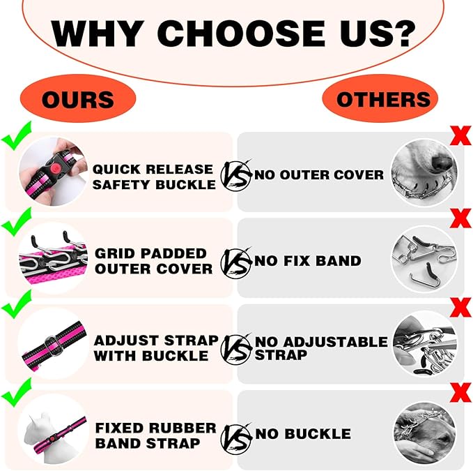 Martingale No Pull Dog Collar for Large Medium Small Dogs, Heavy Duty Nylon Adjustable Reflective Anti Pull Slip Collar with Buckle for Training Walking Hunting M Hot Pink