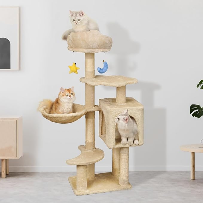 43-Inch Cat Tree,Cute Cloud Cat Tree for Kittens & Small Cats Under 6 Months 9lbs, Cat Tower with Scratching Post, Double Condos, Plush Hammock & Dangling Toys, Beige