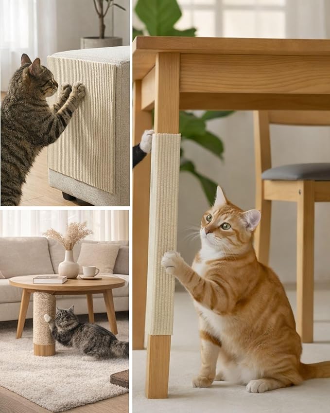 Trimmable Self-Adhesive Cat Scratch Mat, DIY Climb Scratcher for Cat Tower, Couch, and Furniture Protector, Replacement Pads (Beige, 23.6''x11.8'', 3-Pack)