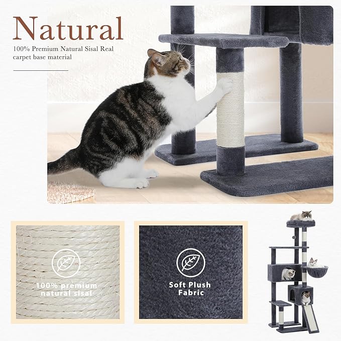 PEQULTI 60'' Cat Tree, Tall Cat Tower with 2 Large Condos, Wide Top Perch, Cozy Hammock and Sisal Scratching Posts for Indoor Cats Lare Adult Smoky Gray