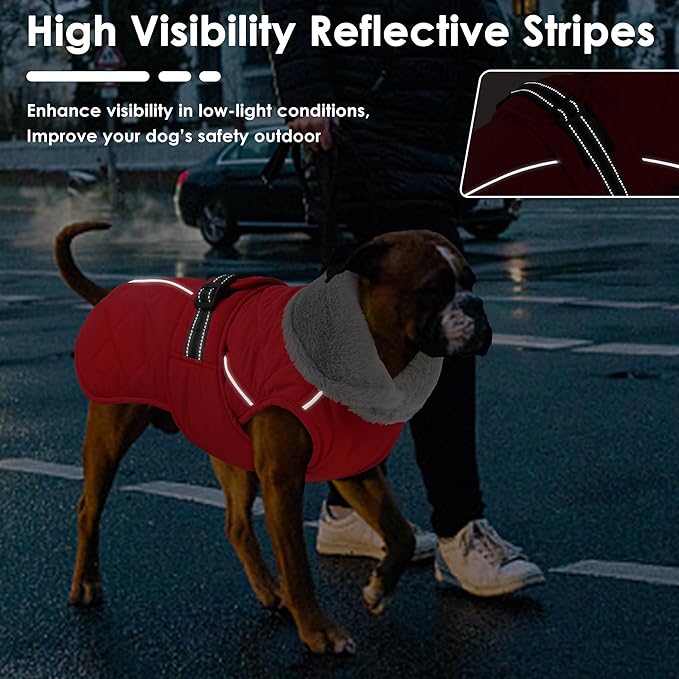 Dog Coat, Waterproof Dog Winter Jacket with Adjustable Buckle, Reflective Turtleneck Pet Snow Vest Warm Fleece Sweater for Small Medium Large Dogs - Red, S