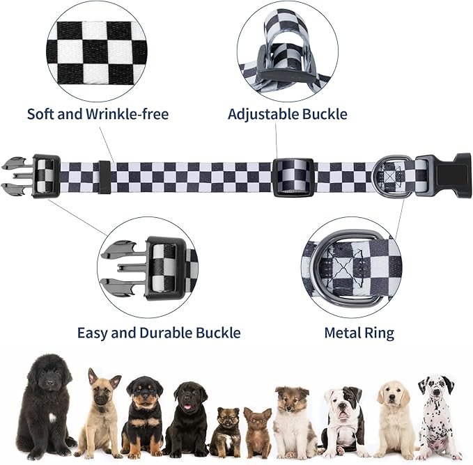 Dog Collar Adjustable Puppy Collar for Small Medium Large Dogs, Nylon Safety Collars with Leopard Print Night Visibility, Plaid M