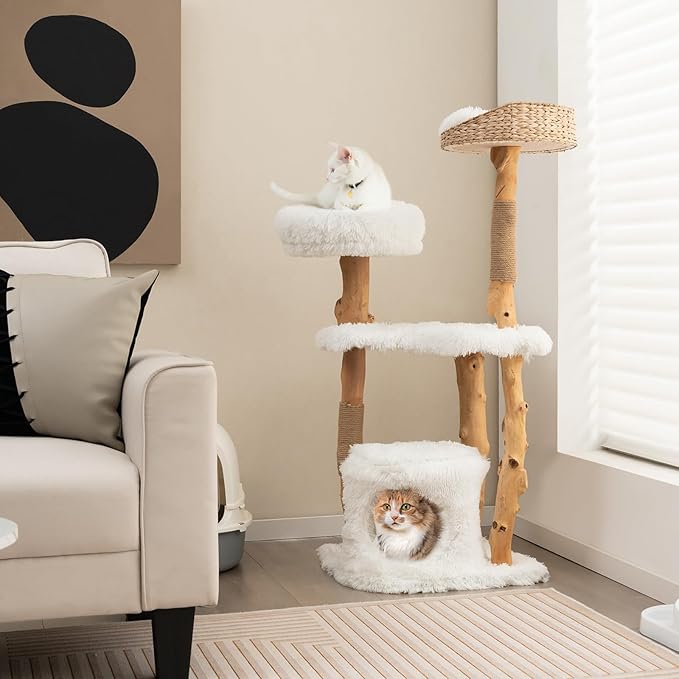 PETSITE 49-inch Cat Tree for Indoor Cats, Cute Solid Wood Modern Multi-Level Cat Tower with Scratching Posts, Top Cattail Basket Cat Bed, Side Perch, Large Platform, and Condo (White)
