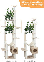 Large Cat Tree Floor to Ceiling Tower, Adjustable Height 77-101 Inches Tall, Climbing Cat Activity Furniture with Thickened Posts, Hammock Bed and Condo for Indoor Cats, White
