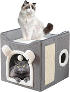 Cat Bed for Indoor Cats Foldable Cat Houses with Fluffy Ball and Scratch Pad Large Cat Cave Grey Cat Hideaway