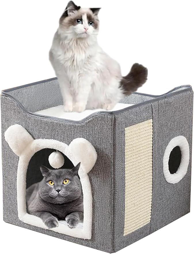 Cat Bed for Indoor Cats Foldable Cat Houses with Fluffy Ball and Scratch Pad Large Cat Cave Grey Cat Hideaway