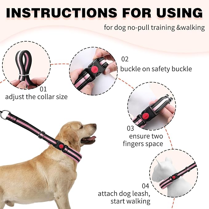 Martingale No Pull Dog Collar for Large Medium Small Dogs, Heavy Duty Nylon Adjustable Reflective Anti Pull Slip Collar with Buckle for Training Walking Hunting S Pink