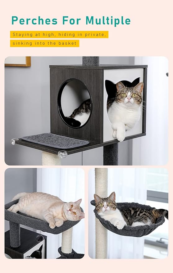 PETEPELA 56.7" Cat Tree with Litter Box Enclosure Large, Wood Cat Tower for Indoor Cats with Storage Cabinet and Cozy Cat Condo, Sisal Covered Scratching Post and Repalcable Dangling Balls, Black