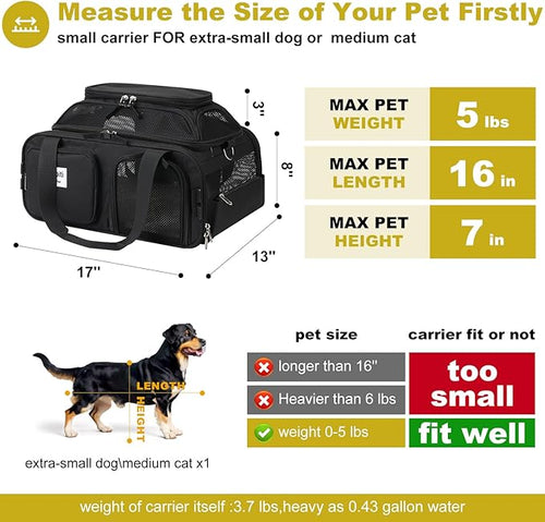 17x13x8 Frontier Allegiant Breeze Airline Approved top Expandable pet Carrier for Extra-Small Dog/Small cat up to 5 lbs(All Black)