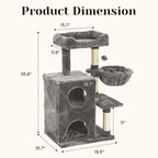 Cat Tree Tower for Indoor Cats, 36-inch Adult Cat Tree House for Large Adult Cats with Steps, Scratching Post, 2 Cat Condo, Dangling Toys, Light Grey