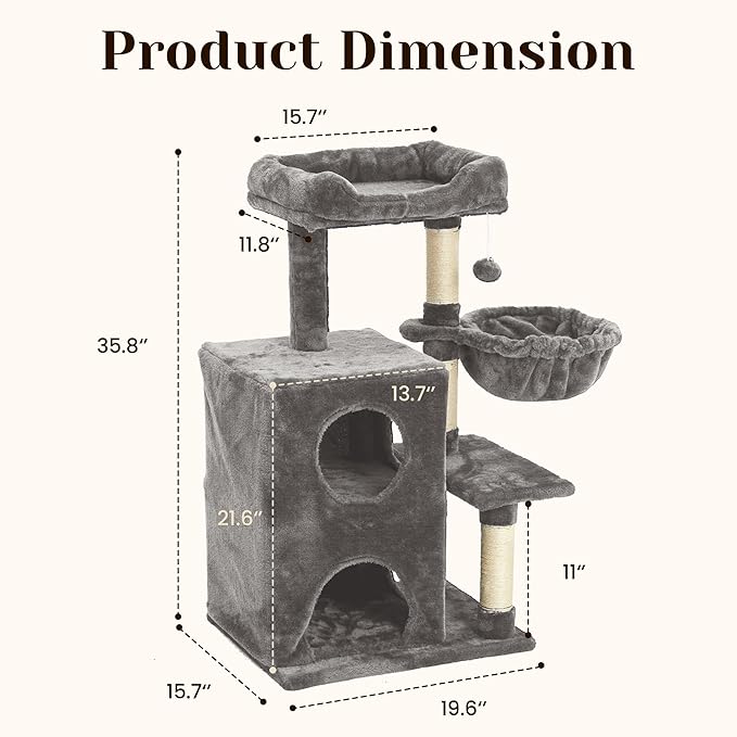 Cat Tree Tower for Indoor Cats, 36-inch Adult Cat Tree House for Large Adult Cats with Steps, Scratching Post, 2 Cat Condo, Dangling Toys, Light Grey