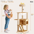 Large Cat Tree,124 Tall Wooden Cat Tower with Spacious Cave,Transparent Space Capsule,8 Fully Scratching Posts and Natural Wood Posts, Kitty Condo with Multi-Layer Platform