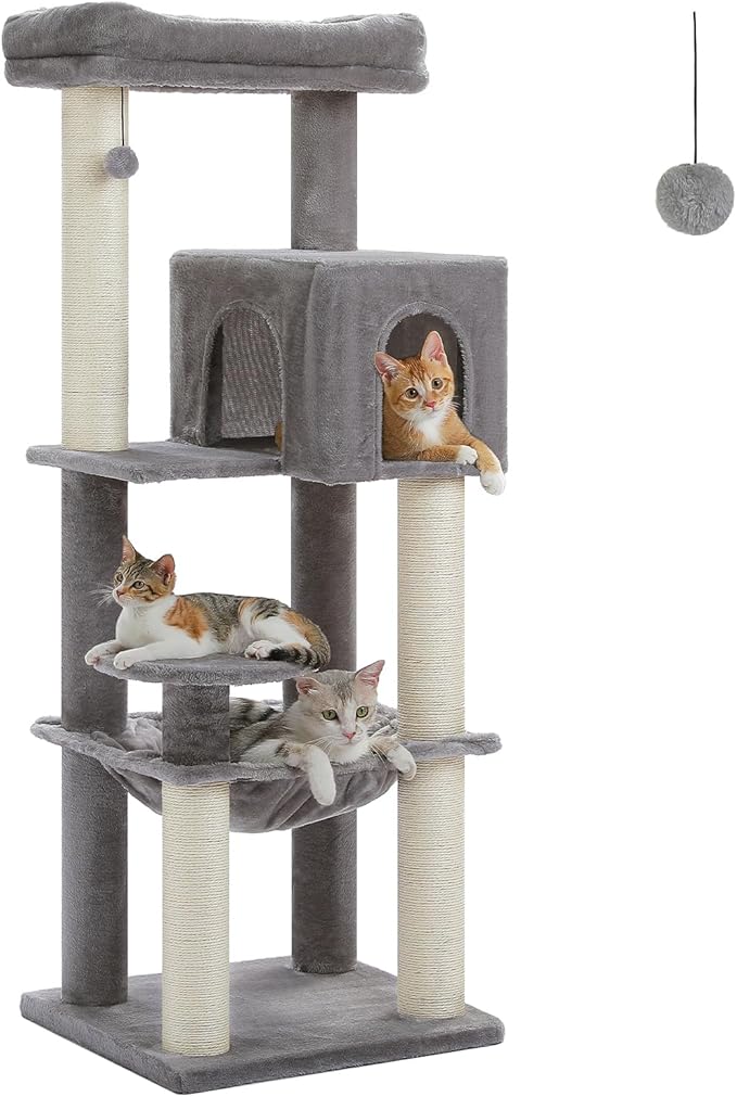 PETEPELA 58" Large Cat Tree for Big Adult Cats up to 25 lbs, Heavy Duty Cat Tower w/Extra-Thick Scratching Posts [φ3.9”], XL Hammock & Spacious Condo, Study Cat Furniture for Maine Coons, Grey
