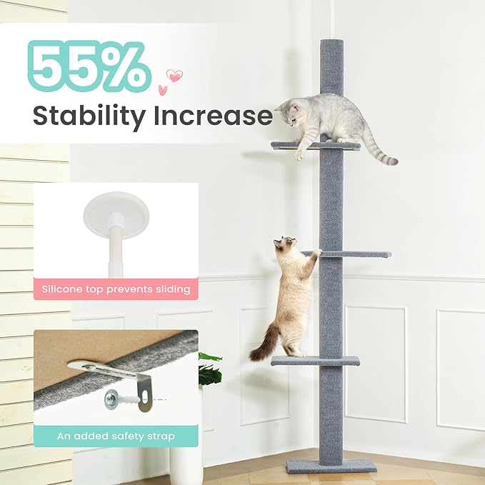 Max & Marlow Cat Tree Floor to Ceiling Cat Tower Height 95-108" Adjustable Kitten Tree Tall Climbing Tree with Carpet Scratching Post and Mat Cat Pole for Indoor Cats,Light Grey