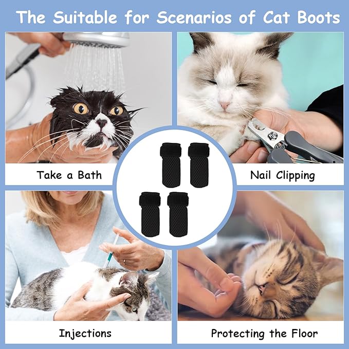 4 Pcs Cat Boots, Anti Scratch Cats Mittens, Breathable Cat Shoes to Prevent Scratching, Adjustable Mesh Cats Claw Protectors, Suitable for Kittens When Bathing and Nail Trimming(S,Black)