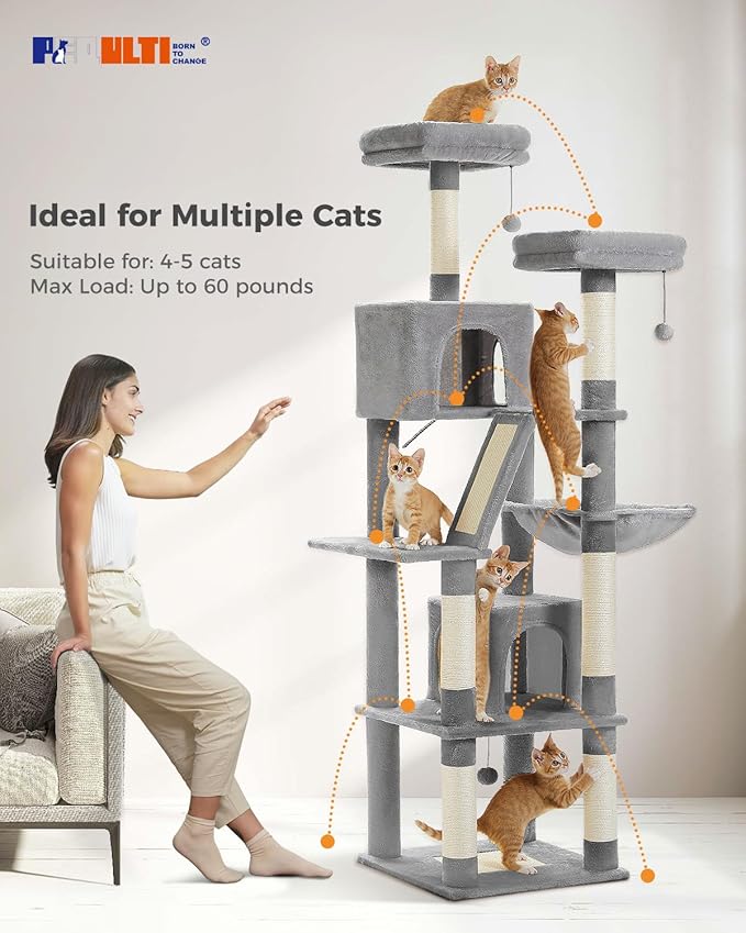 PEQULTI 71'' Cat Tree for Indoor Cats with Big Hammock, Tall Cat Tower for Large Cats with 2 Cat Condo, 2 Soft Top Perch, Scratching Posts and Pad, Grey