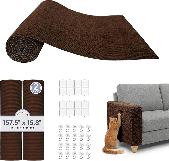 157.5" x 15.8" Cat Scratch Furniture Protector, Self-Adhesive Couch Protector from Cat Claws, Cats Scratching Mat for Couch, Sofa, Wall & Door, DIY Cat Scratch Pads Replacement, 2 Pack (Brown)