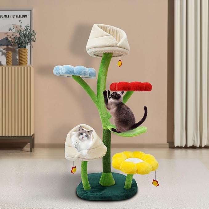 Tall 64 Inch Multi-Level Large Cat Tower - Modern Flower Tree With Resting Platforms, Scratching Posts for Large/Small Climbing, Activity Center Playground
