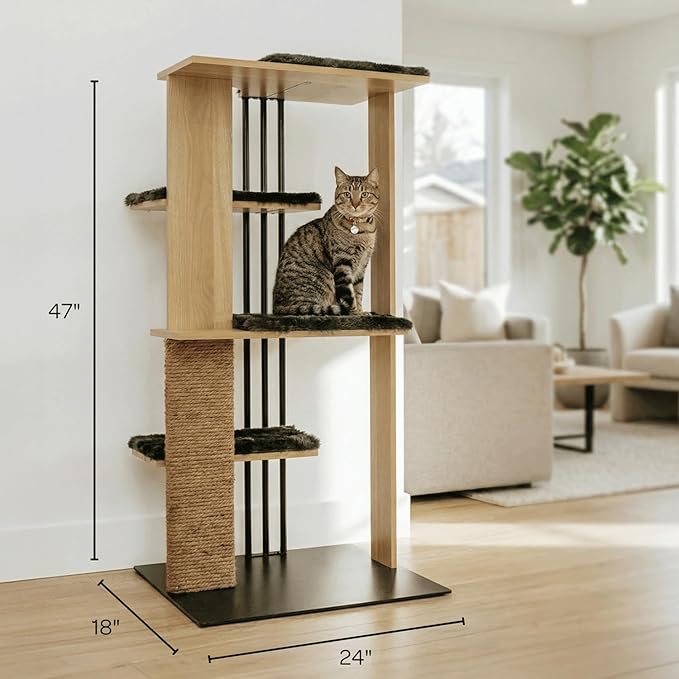 4 Cats & Dogs Cali Cat Tree 24″ x 18″ x 47″ with Scratching Post, 4 Platforms, LED Lighting, Engineered Wood & Sisal Rope – Modern Cat Tower, Cat Scratcher for Indoor & Large Cats - Oak