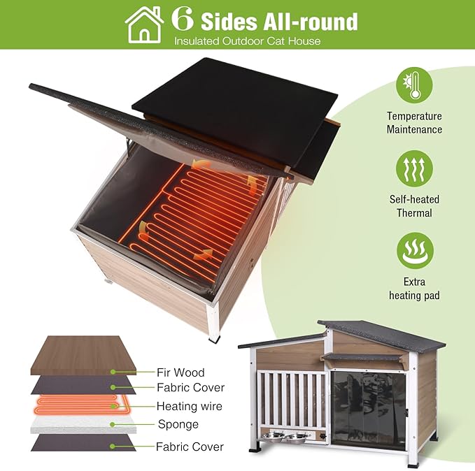 GUTINNEEN Large Heated Dog House Outdoor Insulated Dog Kennel Weatherproof Dog Shelter with Safe Heating Pad, Thermal Liner, Rotatable Spill-Proof Bowl for Large Dog Breeds, 39.7"L x 25.5"W x 32.2"H