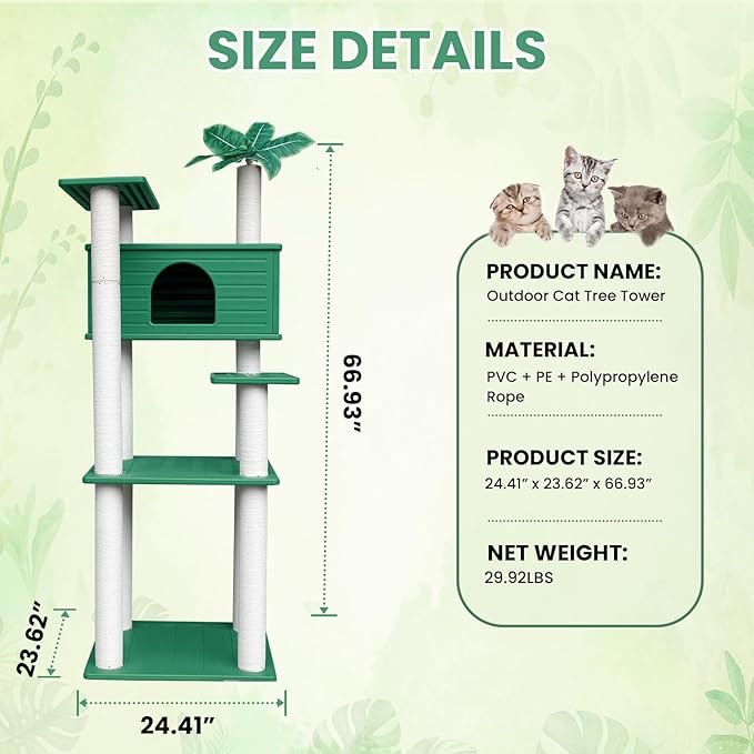 66 Inches Tall Outdoor Weatherproof Cat Tree Tower, Multi-Level, Large Cat Condo with PVC Board and Cat Scratching Posts, for Outside and Indoor