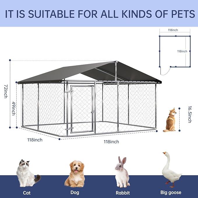 Petonly Outdoor Dog Enclosure Heavy Duty Dog Kennel House Mesh Dog Big Cage Pet Kennel Steel Fence with Secure Lock(118”x 118”)