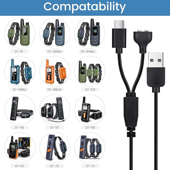 2-Pack Dog Shock Collar Charger Cord Replacement for Jugbow Training Collar, 2-in-1 Magnetic and USB C Charging Cable