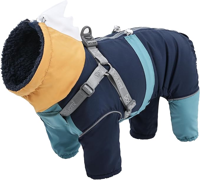 Dog Snowsuit with Built-in Harness, 4-Leg Full Body Winter Coat, Fleece Lined Puffer Jumpsuit with Back Zipper & Reflective Trim for Small Medium Large Dogs (Blue, Large)
