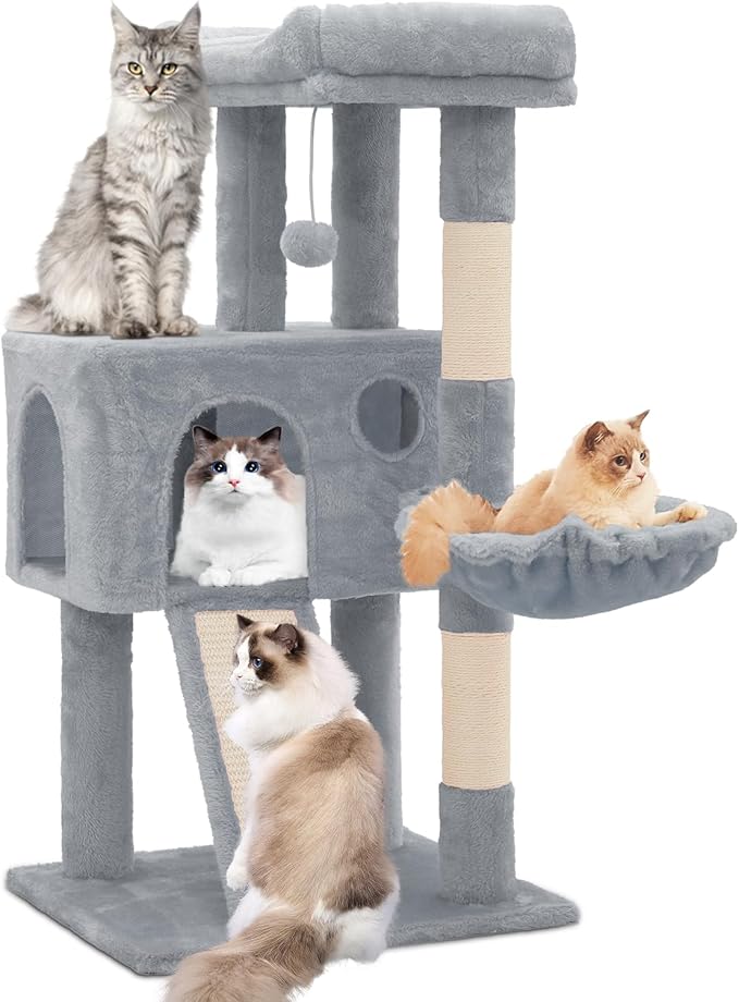 36 Inch Cat Tower for Indoor Cats, Multi Level Cat Condo with Scratching Post, Ramp, Plush Perch, Cat Cave, Basket, Cat Activity Center w/Ball for Small Space, Light Gray