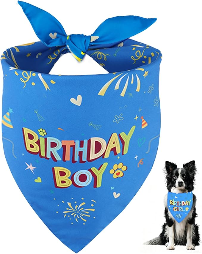 SZEE Dog Birthday Bandana, Reversible Bandanas for Dog Birthday Outfits, Pet Apparel & Accessories, Triangle Pet Scarf for Photo Prop and Holiday Decor (Large, Blue)