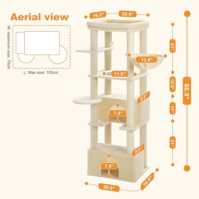 PEQULTI 68'' Cat Tree for Large Cats 20 lbs Heavy Duty, Tall Cat Tower for Indoor Big Cats with Extra-Large Top Perch [21'' x 17''], 2 Large Cat Condos, Cat Scratching Post and Cozy Hammock, Beige