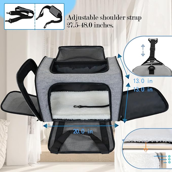 Top tasta Dog Cat Carrier Pet Carriers for Large Cats Small Dogs Carrier Soft Sided Puppy up to 25Lbs Dog Carrier Portable Foldable Dog Cat Travel Carrier (Large-Grey& Black -20 * 13 * 13)