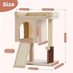 Small Cat Tree Tower for Adult Cats with Large Top Bed 20x13.8”Private Cat Condo,Sisal Scratching Post and Ramp and Self Groomer and Spring Ball-Beige