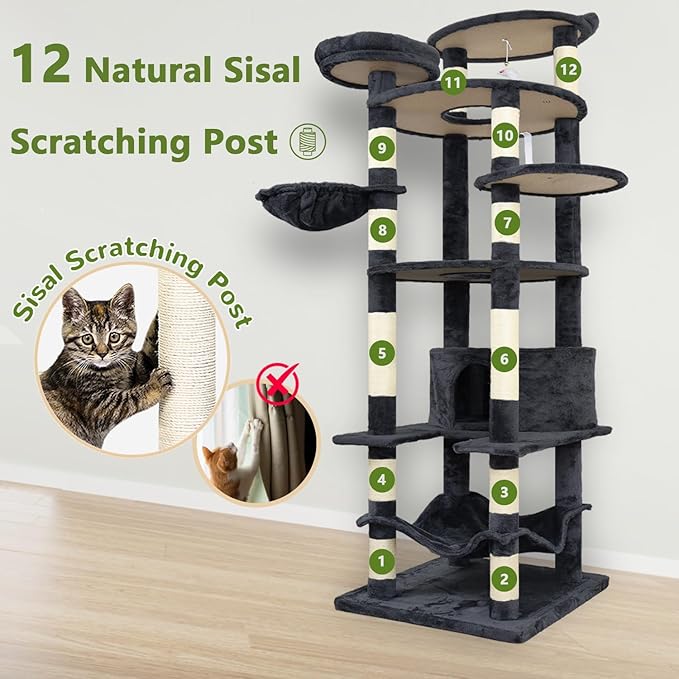 Tall Cat Tree 78.8in, Patent Fabric Multilevel Cat Tower for Adult Cats, Climbing Tree House and Towers with Condo Hammock Scratching Post Large Platform Wide Base