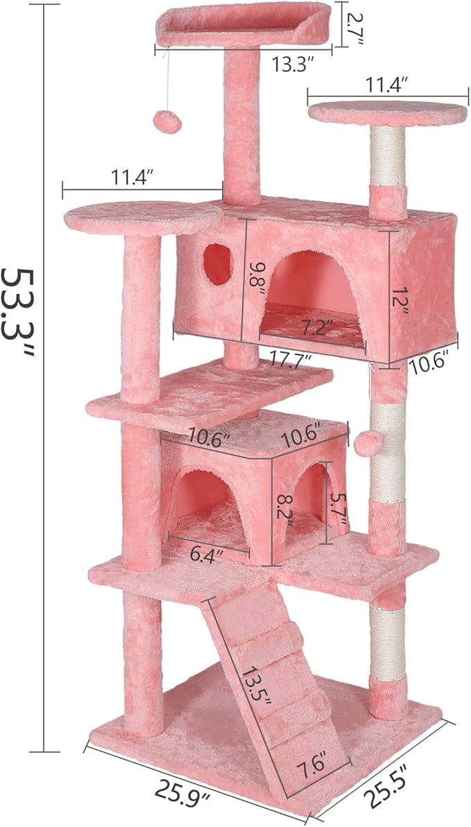 Multi-Level Cat Tree Tower with Condos, 54" Tall Cat Activity Center with Plush Perches and Toys, Space Saving Pet Playhouse for Kittens and Cats (Pink)