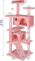 Multi-Level Cat Tree Tower with Condos, 54" Tall Cat Activity Center with Plush Perches and Toys, Space Saving Pet Playhouse for Kittens and Cats (Pink)