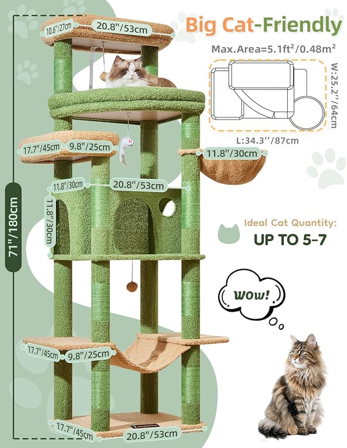 Taoqimiao 71 Inches Cat Tree for Large Cats 20lbs+, 3 Giant Perches, Multi-Level Cat Tree Tower, Widened Cat Condo with 9 Scratching Posts, Luxurious Hammcock & Basket, Cactus, MS034T