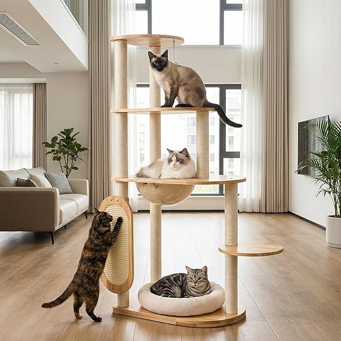 Solid Rubber Wood Modern Cat Tree with Scratching Posts Cat Scratching Ball and Board Washable Easy Clean for Large & Multi-Cat Homes
