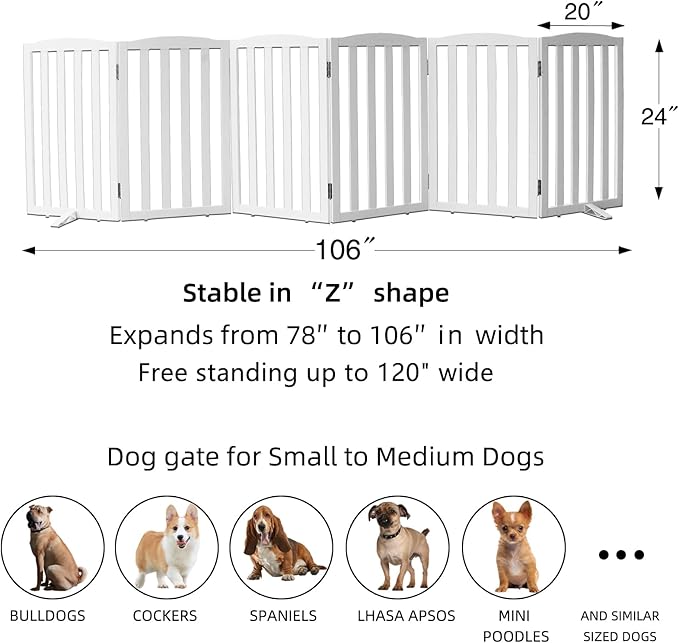 Freestanding Dog Gate Indoor,Doggie Gate Foldable Dog Gates for Doorways,Stairs or Hallways, Wooden White Pet Gate for the House, Pet Fence with Support Feet Included,24 "Height-6 Panels