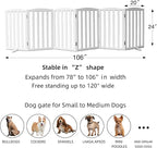 Freestanding Dog Gate Indoor,Doggie Gate Foldable Dog Gates for Doorways,Stairs or Hallways, Wooden White Pet Gate for the House, Pet Fence with Support Feet Included,24 "Height-6 Panels
