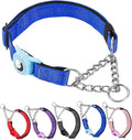 Cymiler Martingale Dog Collar with AirTag Holder, Reflective Nylon Training Collar, Stainless Steel Chain, Heavy Duty Buckle, Limited Slip Collars for Small Medium Large Dogs (Blue, Large)