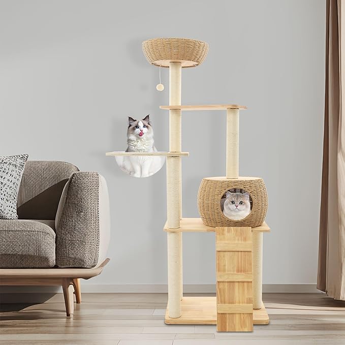 57 Inch Tall Cat Tree with Hammock & Condo, Multi-Level Cat Tower with Scratching Posts & Toys, 24" Width Natural Wood Cat Furniture with Sisal Rope, Cat Climbing Frame for Indoor Cats