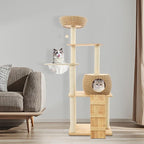 57 Inch Tall Cat Tree with Hammock & Condo, Multi-Level Cat Tower with Scratching Posts & Toys, 24" Width Natural Wood Cat Furniture with Sisal Rope, Cat Climbing Frame for Indoor Cats