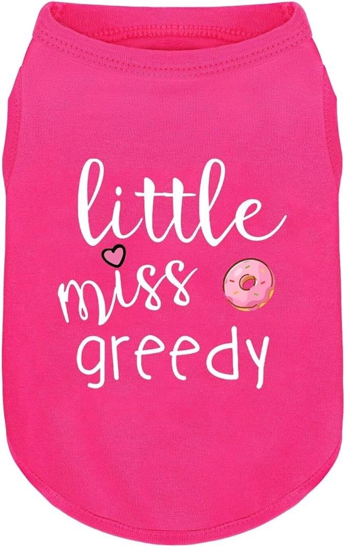 Pink Cotton Dog Shirt with 'Little Miss Greedy' Print, Soft & Breathable Pet Apparel for Small to Large Dogs, All-Season Sleeveless Vest, Cute and Comfortable Dog Outfit.Pink Donut XXL