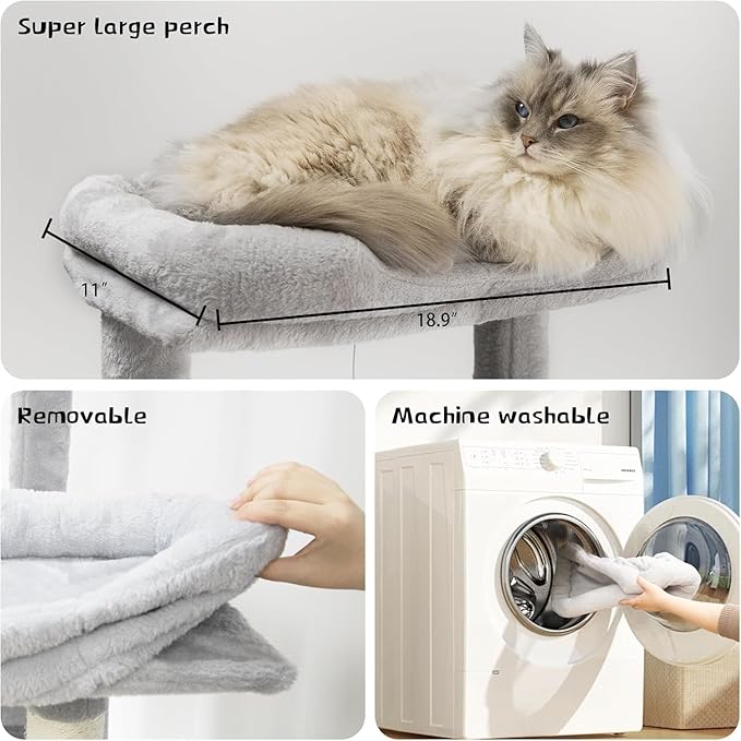 Plush Cat Tower for Indoor Cats, Large Cat Tree Tower, 68 Inch Multi-Level Cat Climbing Stand with Condos, Hammock, Sisal Scratching Posts, Plush Perches and Hanging Toy (Gray)