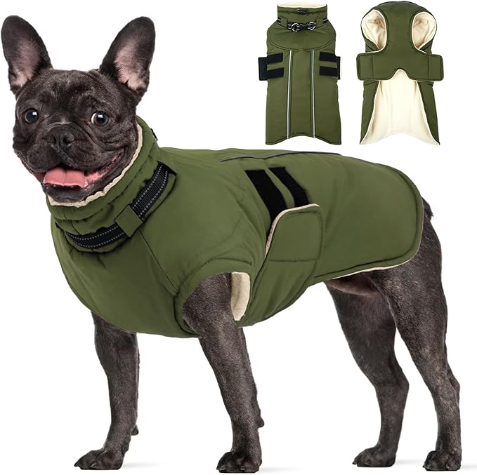 Large Dog Jacket, Waterproof Winter Coat with Harness Built in, Reflective Adjustable Hook&Loop Dog Snowsuit Cold Weather, Warm Snow Coat for Dogs French Bulldog, L Green