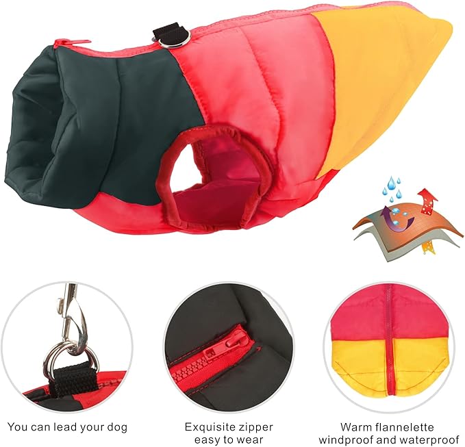 Idepet Pet Dog Cat Coat with Leash Anchor Color Patchwork Padded Puppy Vest Jacket Teddy Chihuahua Costumes Pug Cloth XS S M L (Large (Pack of 1), Yellow)