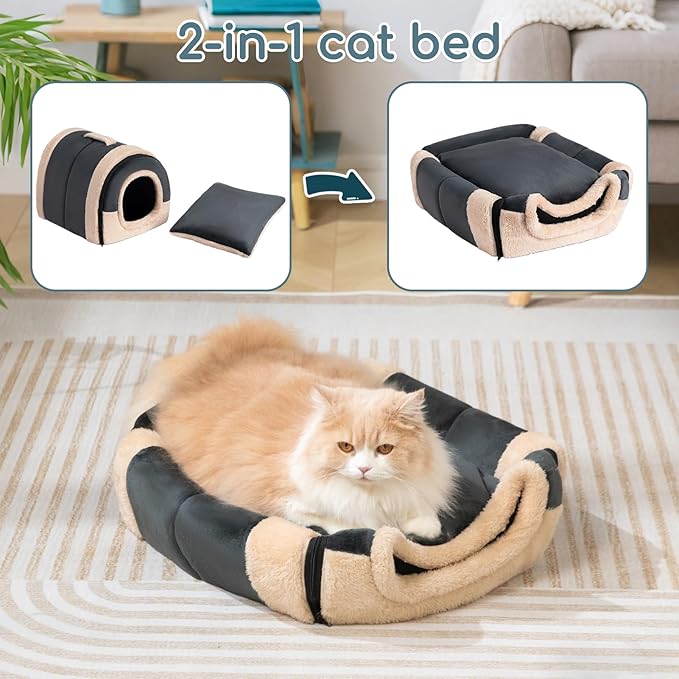 Hollypet Cat Bed Self-Warming 2 in 1 Foldable Kitty Cave Hut House Nest Pet Sleeping Bed, Crystal Velvet Pet Condo for Indoor Cats, Dark Gray Arched Cave