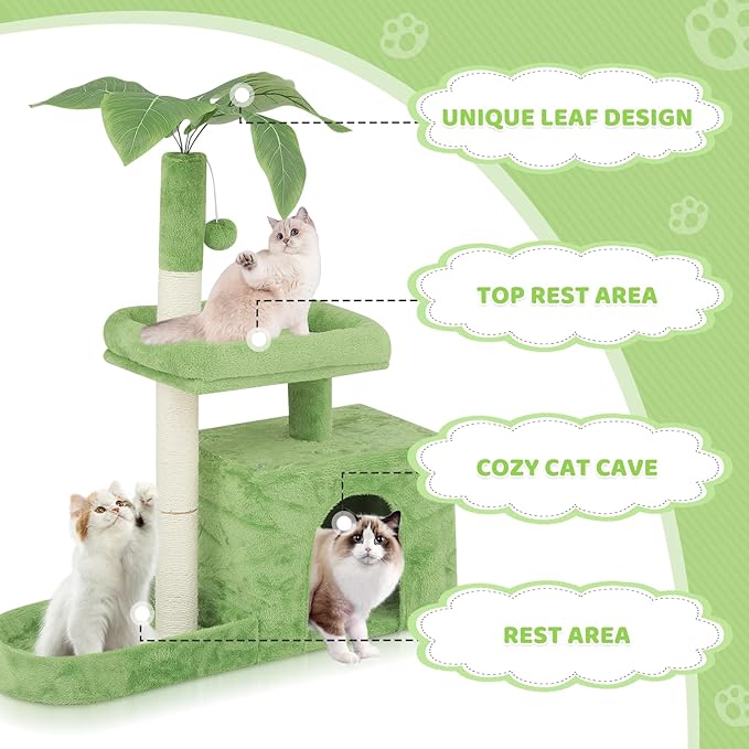 Magshion 32" Cat Tree for Kittens and Senior Cats, Small Cat Tower with Green Leaves, Scratching Posts, Cozy Condo, Low Perch & Fluffy Balls, Stable Cat House with Leaf Design