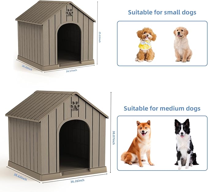 VIXZEN Dog House Outdoor, 26 Inch Resin Dog House Indoor Small Dog - Waterproof & UV-Resistant, Hidden Vents & Stable Structure, Easy Assembly, Versatile Storage, All-Weather Doghouse Outdoor (Grey)